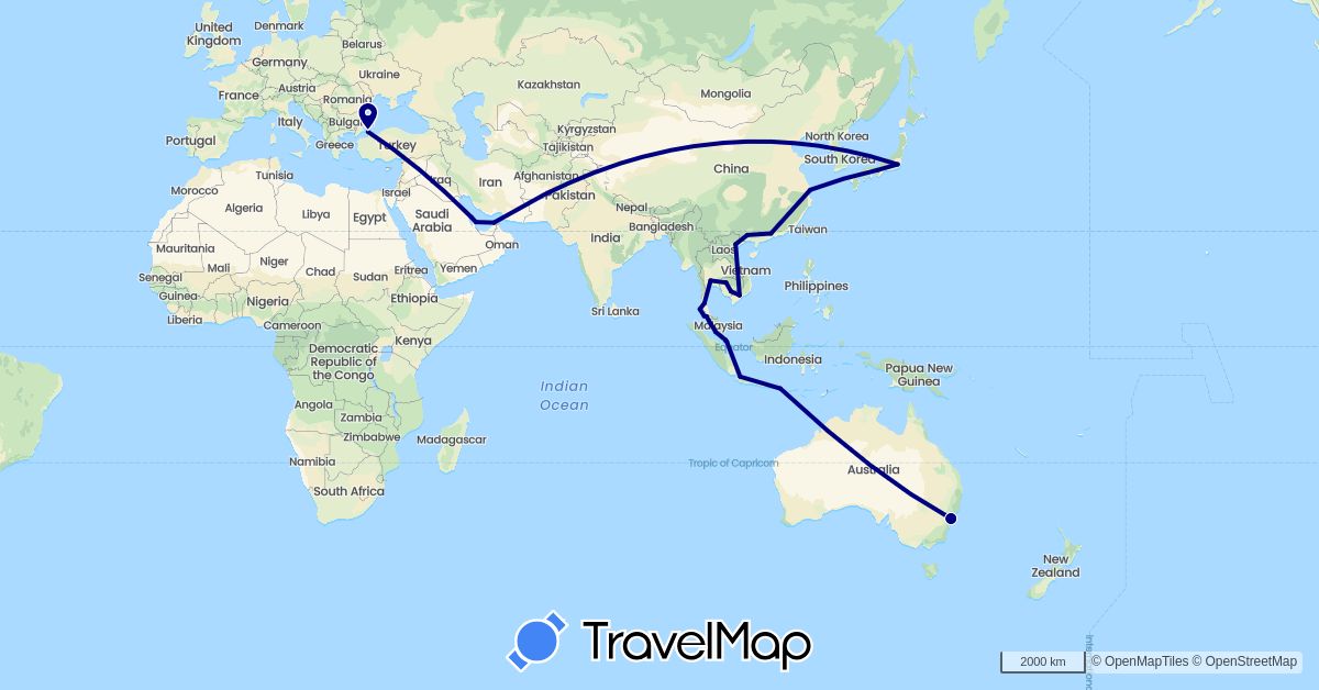 TravelMap itinerary: driving in United Arab Emirates, Australia, Bahrain, China, Indonesia, Japan, Cambodia, Malaysia, Qatar, Singapore, Thailand, Turkey, Vietnam (Asia, Oceania)